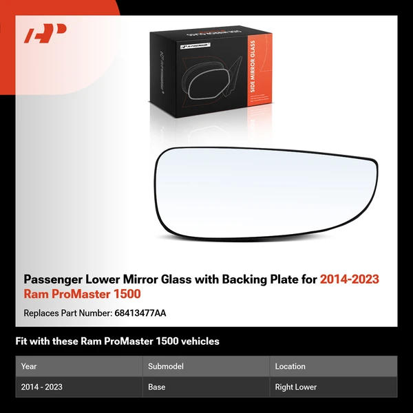 Passenger Lower Mirror Glass with Backing Plate for 2014-2023 Ram ProMaster 1500