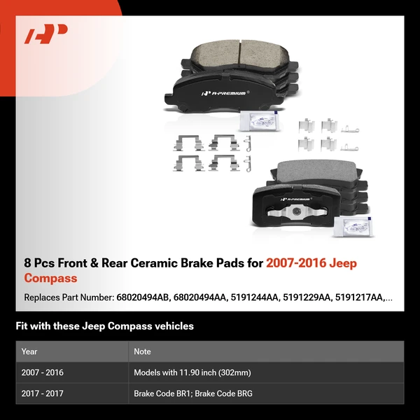 8 Pcs Front & Rear Ceramic Brake Pads for 2007-2016 Jeep Compass