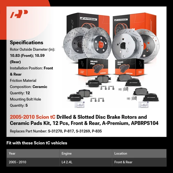 2005-2010 Scion tC Drilled & Slotted Disc Brake Rotors and Ceramic Pads Kit, 12 Pcs, Front & Rear, A-Premium, APBRPS104