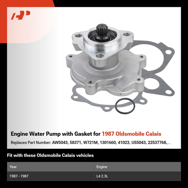 Engine Water Pump with Gasket for 1987 Oldsmobile Calais