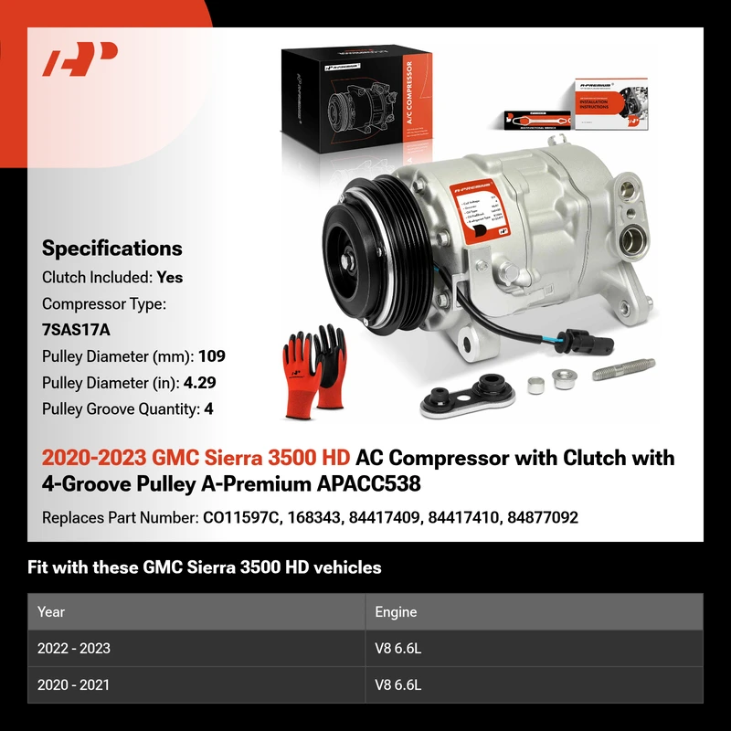 2020-2023 GMC Sierra 3500 HD AC Compressor with Clutch with 4-Groove Pulley A-Premium APACC538