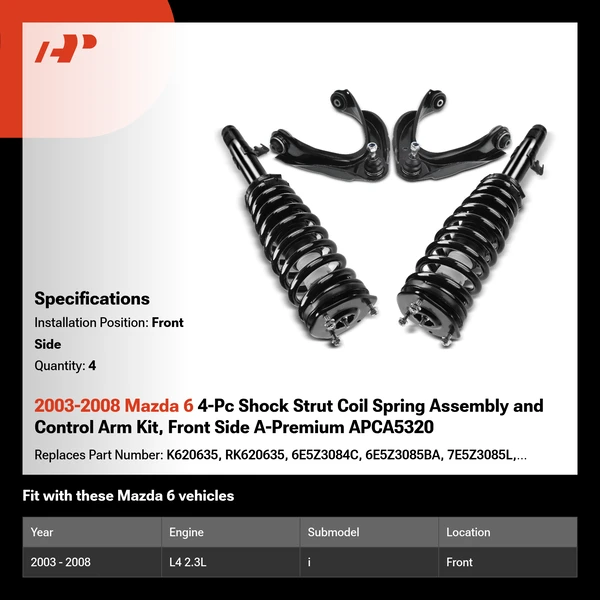 2003-2008 Mazda 6 4-Pc Shock Strut Coil Spring Assembly and Control Arm Kit, Front Side A-Premium APCA5320