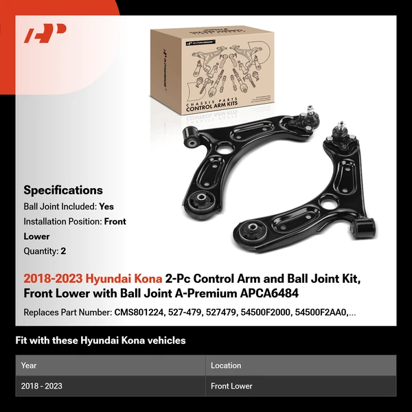 2018-2023 Hyundai Kona 2-Pc Control Arm and Ball Joint Kit, Front Lower with Ball Joint A-Premium APCA6484