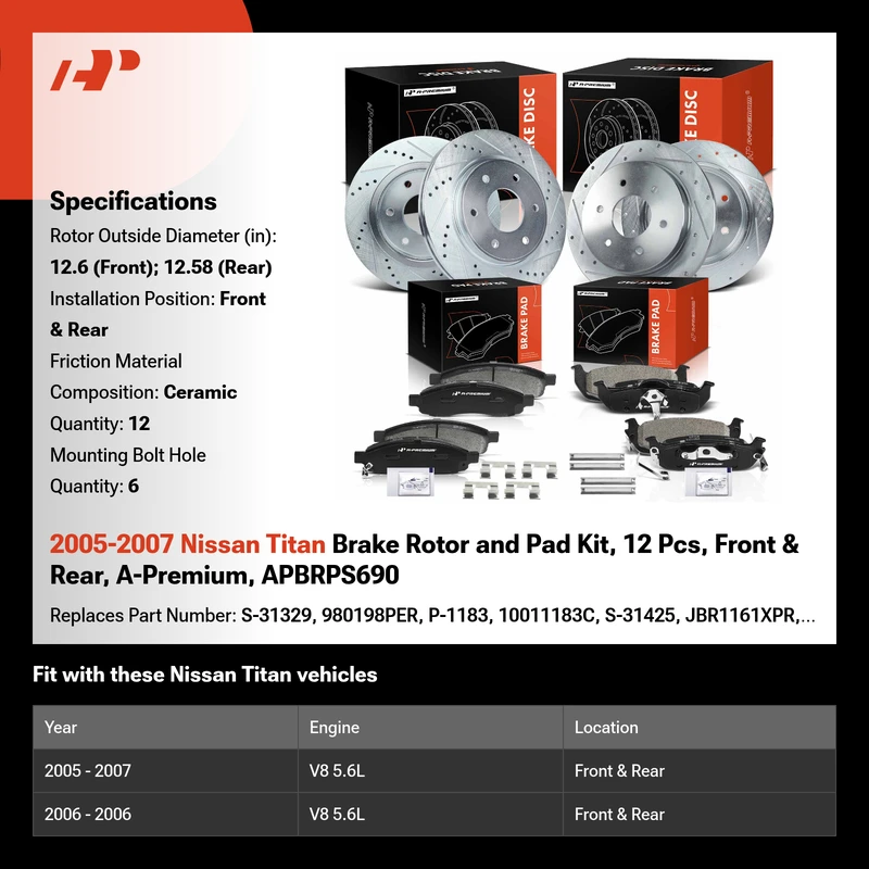 2005-2007 Nissan Titan Brake Rotor and Pad Kit, 12 Pcs, Front & Rear, A-Premium, APBRPS690