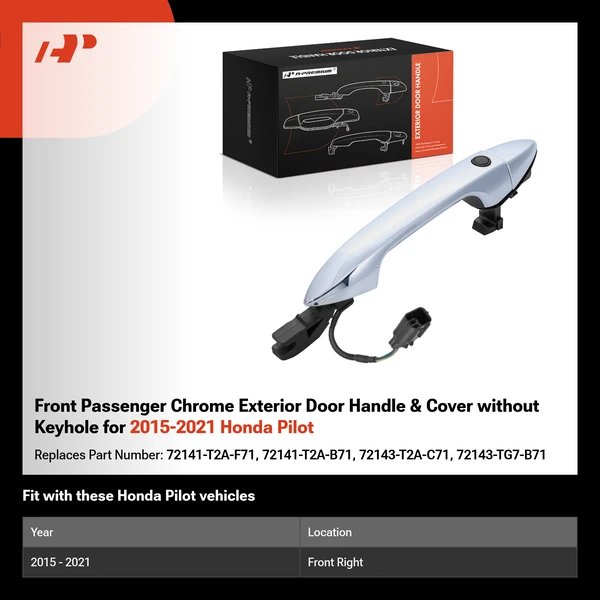 Front Passenger Chrome Exterior Door Handle & Cover without Keyhole for 2015-2021 Honda Pilot