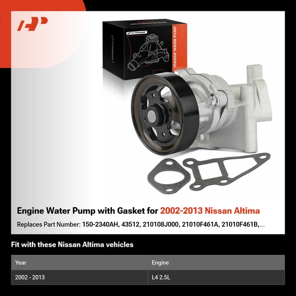 Engine Water Pump with Gasket for 2002-2013 Nissan Altima