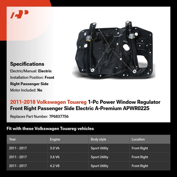 2011-2018 Volkswagen Touareg 1-Pc Power Window Regulator Front Right Passenger Side Electric A-Premium APWR0225