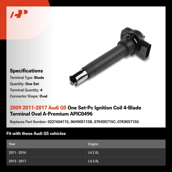 2009 2011-2017 Audi Q5 One Set-Pc Ignition Coil 4-Blade Terminal Oval A-Premium APIC0496