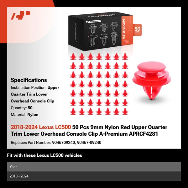 2018-2024 Lexus LC500 50 Pcs 9mm Nylon Red Upper Quarter Trim Lower Overhead Console Clip A-Premium APRCF4281