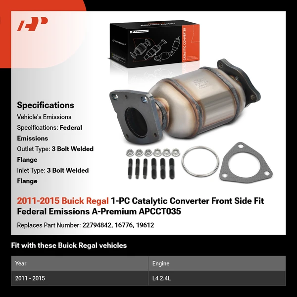 2011-2015 Buick Regal 1-PC Catalytic Converter Front Side Fit Federal Emissions A-Premium APCCT035