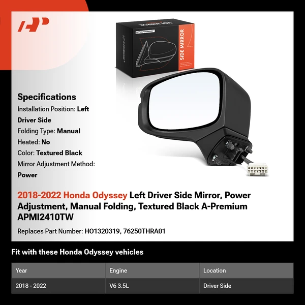 2018-2022 Honda Odyssey Left Driver Side Mirror, Power Adjustment, Manual Folding, Textured Black A-Premium APMI2410TW