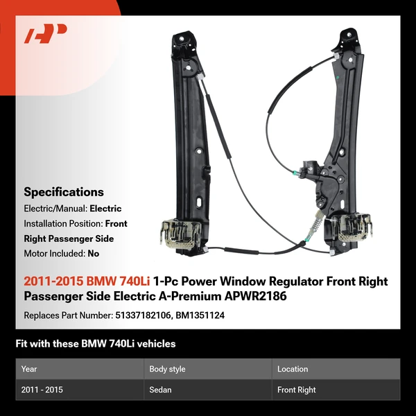 2011-2015 BMW 740Li 1-Pc Power Window Regulator Front Right Passenger Side Electric A-Premium APWR2186