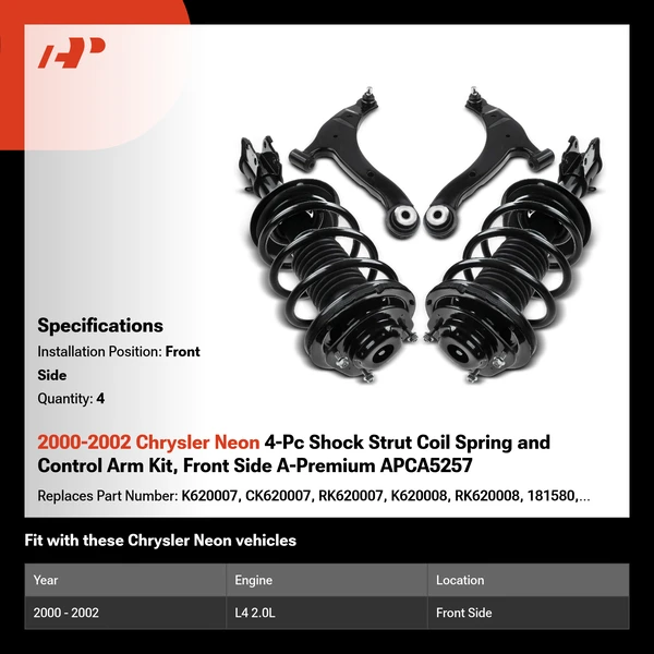 2000-2002 Chrysler Neon 4-Pc Shock Strut Coil Spring and Control Arm Kit, Front Side A-Premium APCA5257