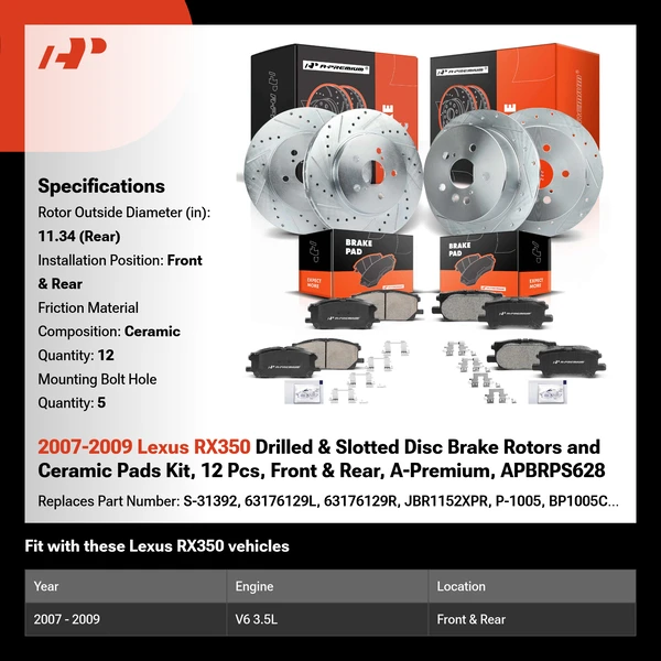 2007-2009 Lexus RX350 Drilled & Slotted Disc Brake Rotors and Ceramic Pads Kit, 12 Pcs, Front & Rear, A-Premium, APBRPS628