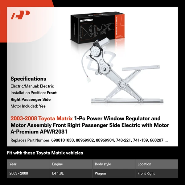 2003-2008 Toyota Matrix 1-Pc Power Window Regulator and Motor Assembly Front Right Passenger Side Electric with Motor A-Premium APWR2031
