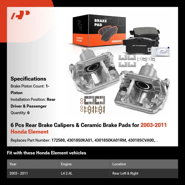 6 Pcs Rear Brake Calipers & Ceramic Brake Pads for 2003-2011 Honda Element
