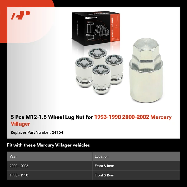 5 Pcs M12-1.5 Wheel Lug Nut for 1993-1998 2000-2002 Mercury Villager