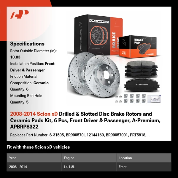 2008-2014 Scion xD Drilled & Slotted Disc Brake Rotors and Ceramic Pads Kit, 6 Pcs, Front Driver & Passenger, A-Premium, APBRPS322