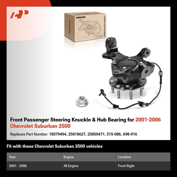 Front Passenger Steering Knuckle & Hub Bearing for 2001-2006 Chevrolet Suburban 2500