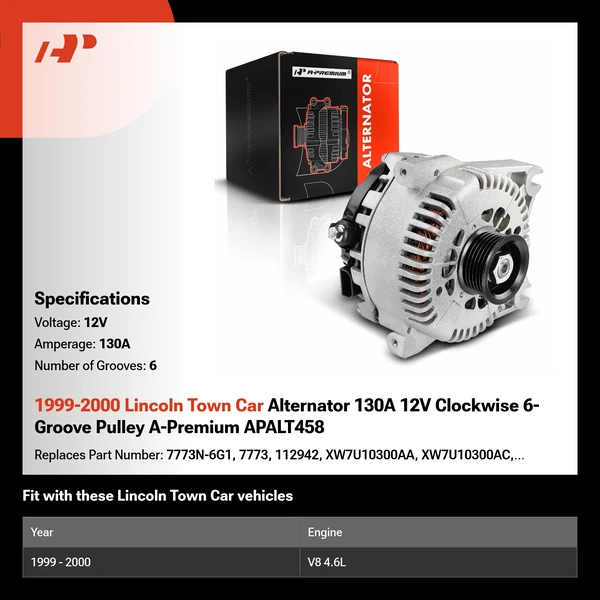 1999-2000 Lincoln Town Car Alternator 130A 12V Clockwise 6-Groove Pulley A-Premium APALT458