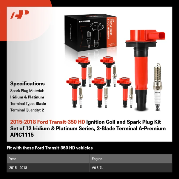 2015-2018 Ford Transit-350 HD Ignition Coil and Spark Plug Kit Set of 12 Iridium & Platinum Series, 2-Blade Terminal A-Premium APIC1115