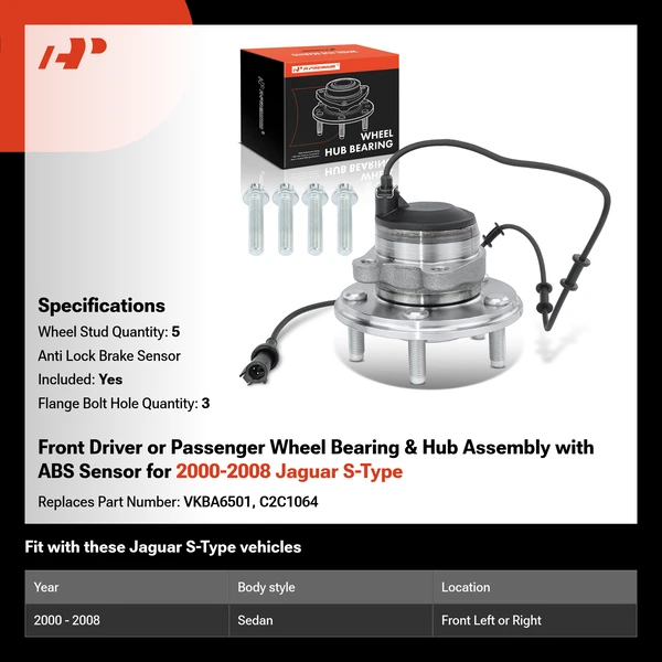 Front Driver or Passenger Wheel Bearing & Hub Assembly with ABS Sensor for 2000-2008 Jaguar S-Type