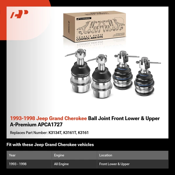 1993-1998 Jeep Grand Cherokee Ball Joint Front Lower & Upper A-Premium APCA1727