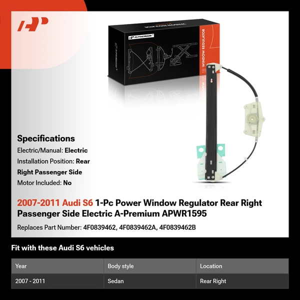 2007-2011 Audi S6 1-Pc Power Window Regulator Rear Right Passenger Side Electric A-Premium APWR1595