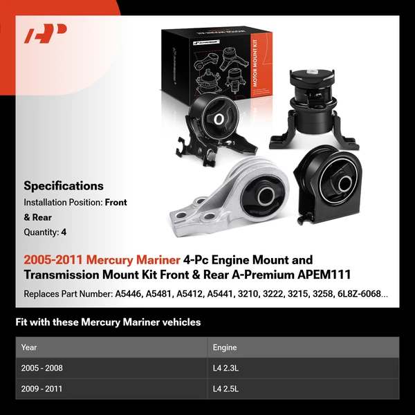 2005-2011 Mercury Mariner 4-Pc Engine Mount and Transmission Mount Kit Front & Rear A-Premium APEM111