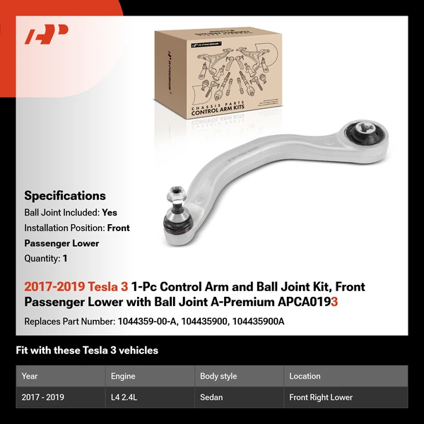 2017-2019 Tesla 3 1-Pc Control Arm and Ball Joint Kit, Front Passenger Lower with Ball Joint A-Premium APCA0193