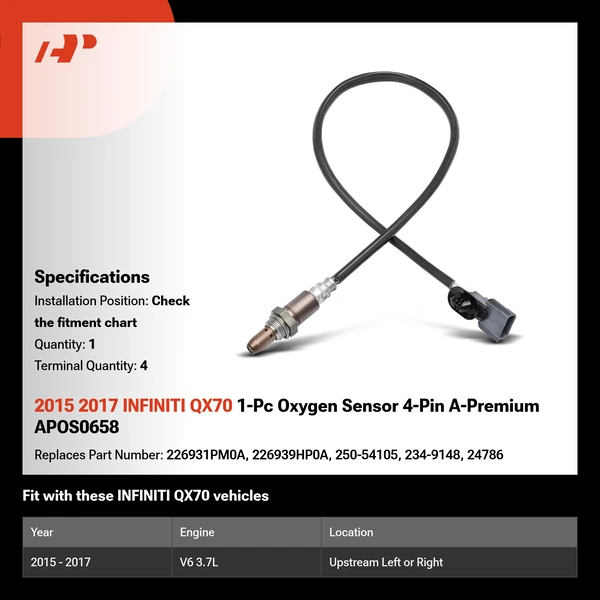 2015 2017 INFINITI QX70 1-Pc Oxygen Sensor 4-Pin A-Premium APOS0658