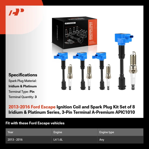 2013-2016 Ford Escape Ignition Coil and Spark Plug Kit Set of 8 Iridium & Platinum Series, 3-Pin Terminal A-Premium APIC1010