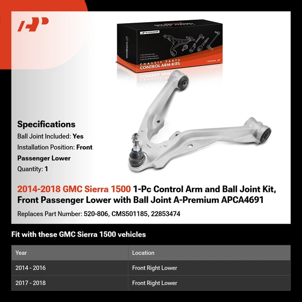 2014-2018 GMC Sierra 1500 1-Pc Control Arm and Ball Joint Kit, Front Passenger Lower with Ball Joint A-Premium APCA4691
