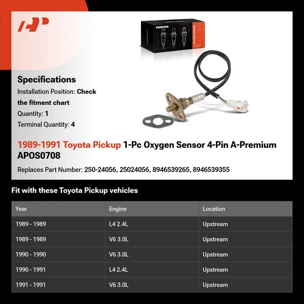 1989-1991 Toyota Pickup 1-Pc Oxygen Sensor 4-Pin A-Premium APOS0708