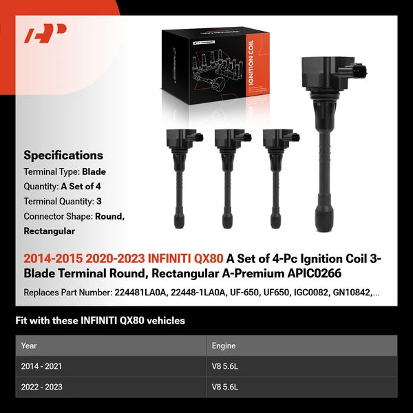 2014-2015 2020-2023 INFINITI QX80 A Set of 4-Pc Ignition Coil 3-Blade Terminal Round, Rectangular A-Premium APIC0266