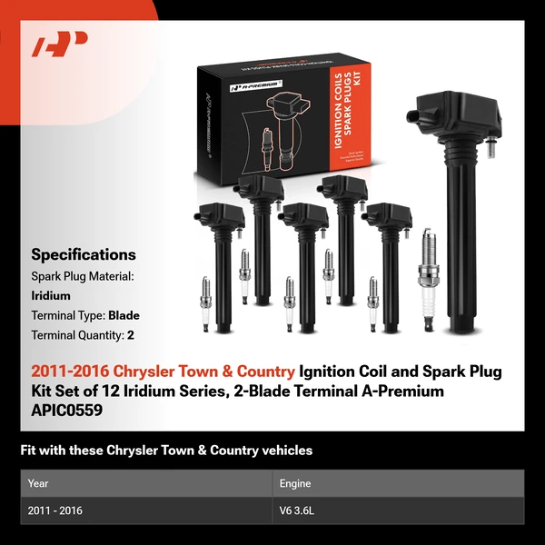2011-2016 Chrysler Town & Country Ignition Coil and Spark Plug Kit Set of 12 Iridium Series, 2-Blade Terminal A-Premium APIC0559