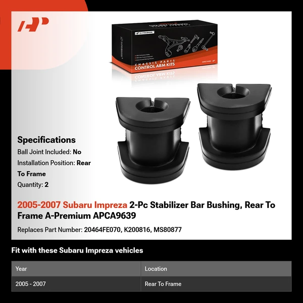 2005-2007 Subaru Impreza 2-Pc Stabilizer Bar Bushing, Rear To Frame A-Premium APCA9639