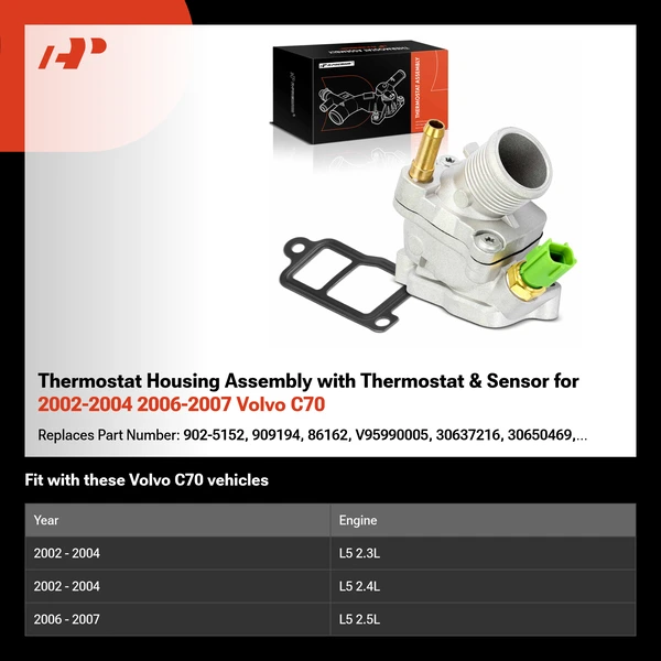Thermostat Housing Assembly with Thermostat & Sensor for 2002-2004 2006-2007 Volvo C70