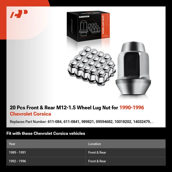 20 Pcs Front & Rear M12-1.5 Wheel Lug Nut for 1990-1996 Chevrolet Corsica