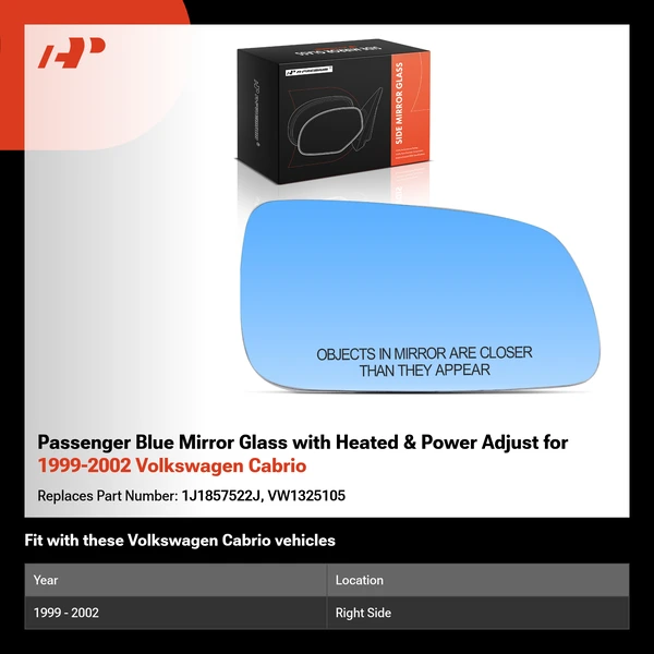 Passenger Blue Mirror Glass with Heated & Power Adjust for 1999-2002 Volkswagen Cabrio