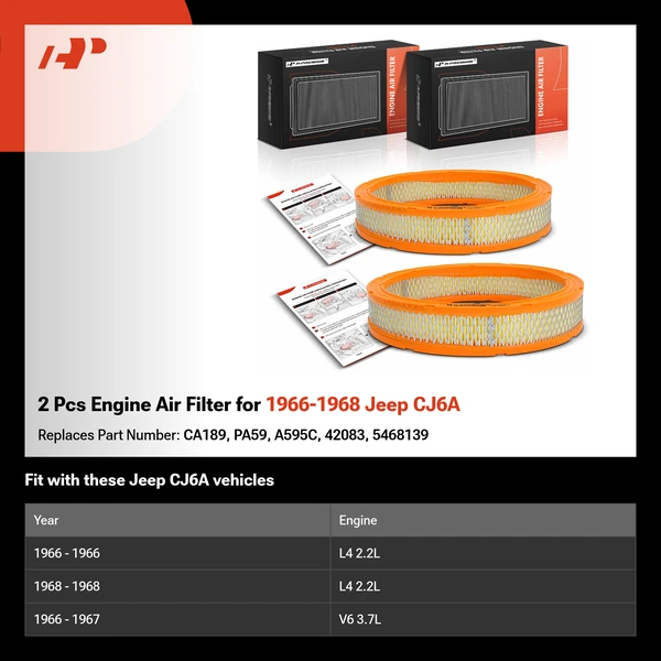 2 Pcs Engine Air Filter for 1966-1968 Jeep CJ6A