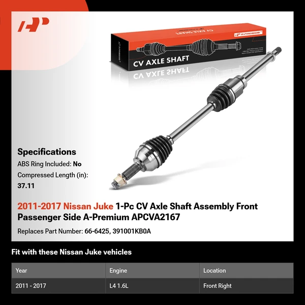 2011-2017 Nissan Juke 1-Pc CV Axle Shaft Assembly Front Passenger Side A-Premium APCVA2167