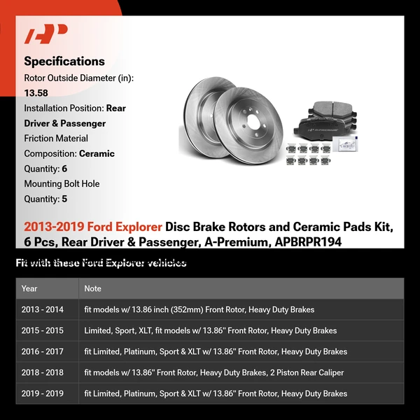 2013-2019 Ford Explorer Disc Brake Rotors and Ceramic Pads Kit, 6 Pcs, Rear Driver & Passenger, A-Premium, APBRPR194