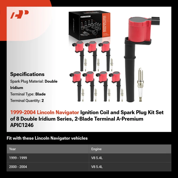 1999-2004 Lincoln Navigator Ignition Coil and Spark Plug Kit Set of 8 Double Iridium Series, 2-Blade Terminal A-Premium APIC1246