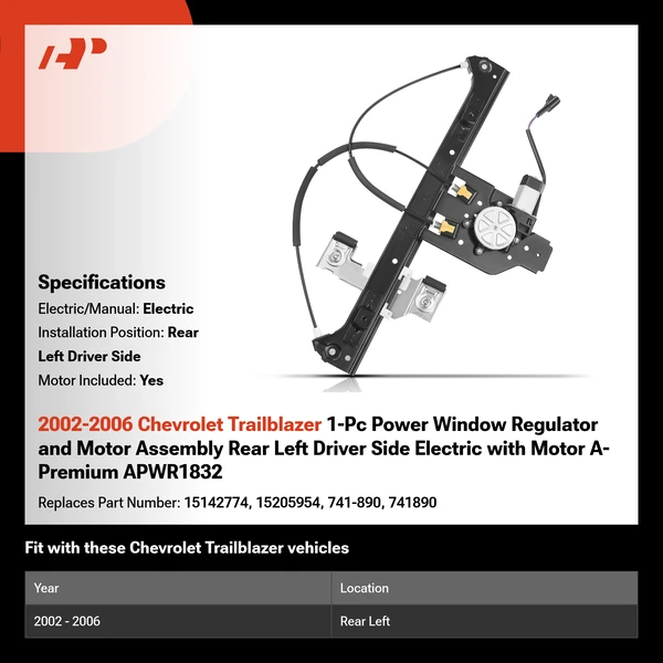 2002-2006 Chevrolet Trailblazer 1-Pc Power Window Regulator and Motor Assembly Rear Left Driver Side Electric with Motor A-Premium APWR1832