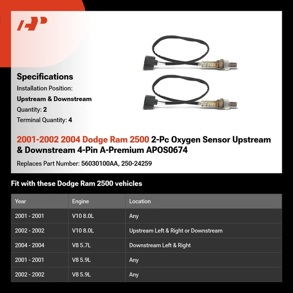 2001-2002 2004 Dodge Ram 2500 2-Pc Oxygen Sensor Upstream & Downstream 4-Pin A-Premium APOS0674