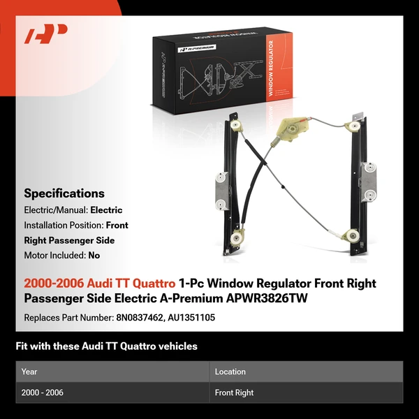2000-2006 Audi TT Quattro 1-Pc Window Regulator Front Right Passenger Side Electric A-Premium APWR3826TW