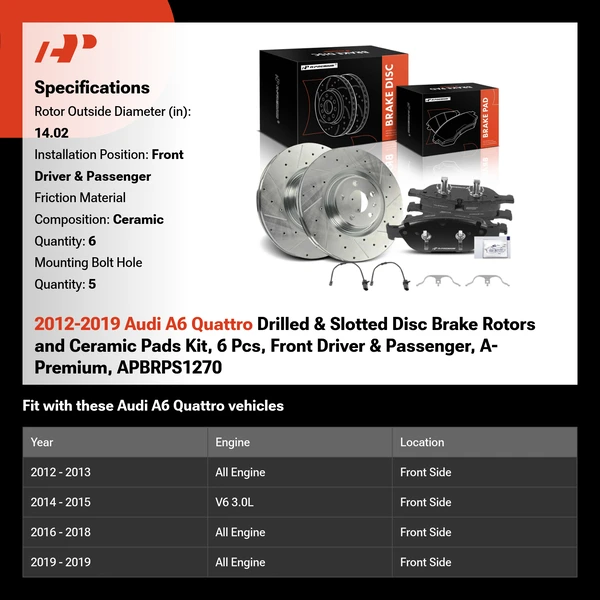 2012-2019 Audi A6 Quattro Drilled & Slotted Disc Brake Rotors and Ceramic Pads Kit, 6 Pcs, Front Driver & Passenger, A-Premium, APBRPS1270