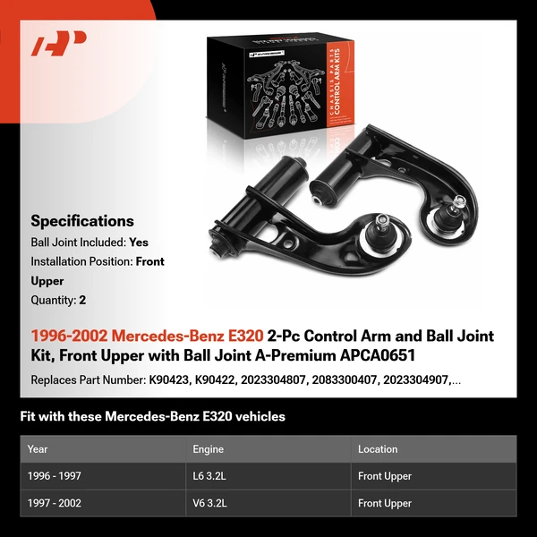 1996-2002 Mercedes-Benz E320 2-Pc Control Arm and Ball Joint Kit, Front Upper with Ball Joint A-Premium APCA0651
