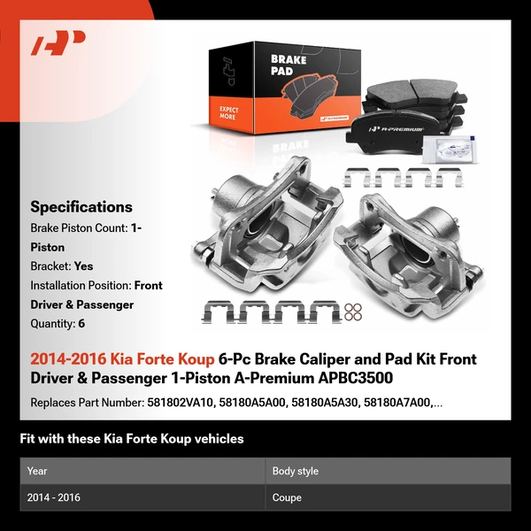 2014-2016 Kia Forte Koup 6-Pc Brake Caliper and Pad Kit Front Driver & Passenger 1-Piston A-Premium APBC3500